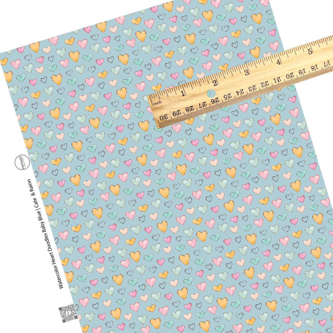 These heart themed blue faux leather sheets contain the following design elements: light pink, orange, and blue watercolor hearts on baby blue. Our CPSIA compliant faux leather sheets or rolls can be used for all types of crafting projects.