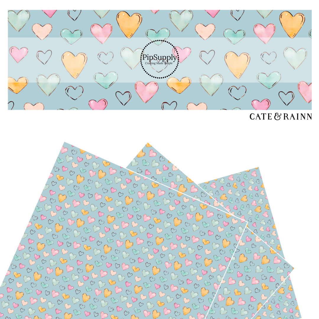 These heart themed blue faux leather sheets contain the following design elements: light pink, orange, and blue watercolor hearts on baby blue. Our CPSIA compliant faux leather sheets or rolls can be used for all types of crafting projects.