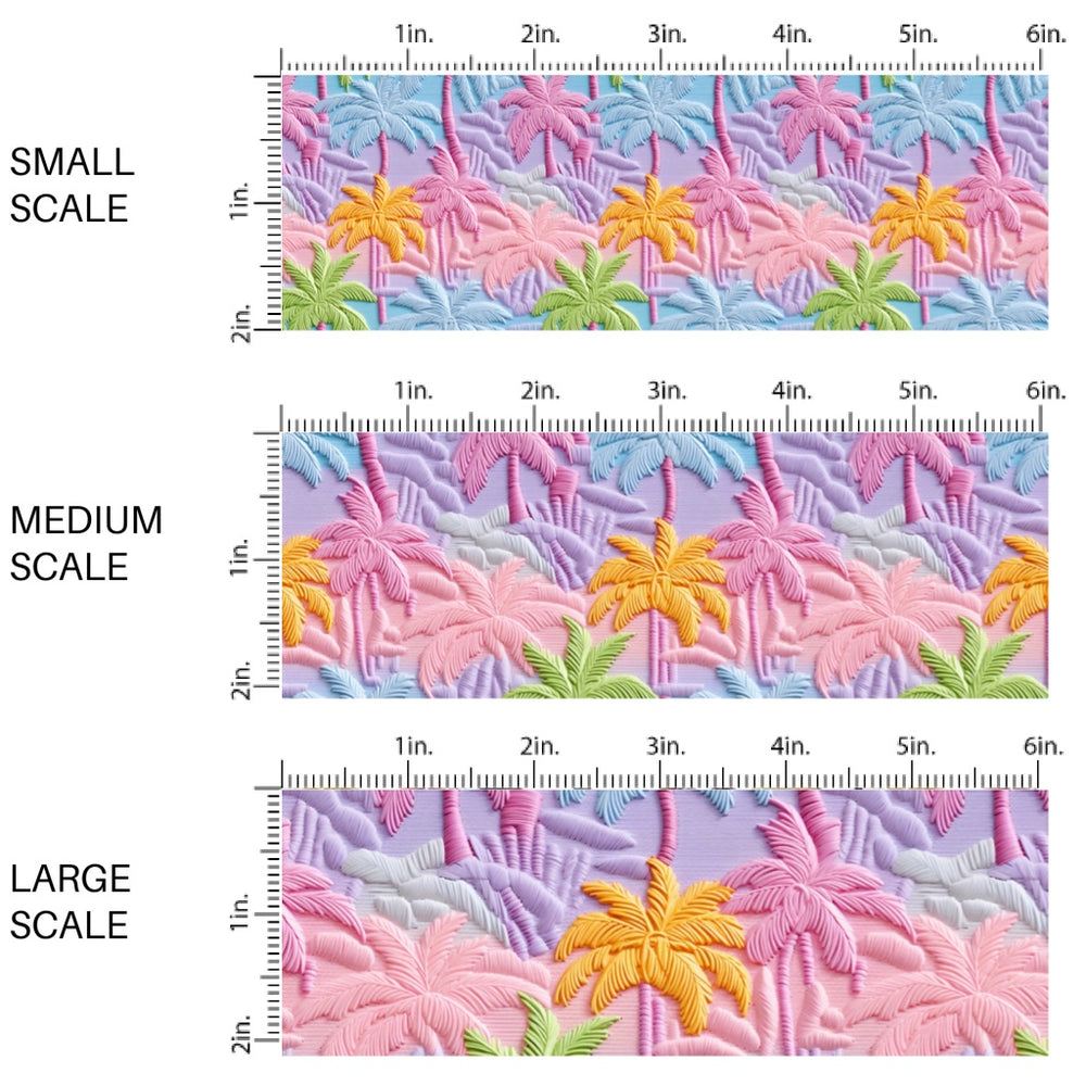 These tropical themed fabric by the yard features embroidered pastel tropical palm trees. This fun pattern fabric can be used for all your sewing and crafting needs!