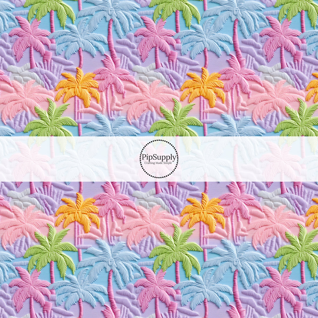These tropical themed fabric by the yard features embroidered pastel tropical palm trees. This fun pattern fabric can be used for all your sewing and crafting needs!