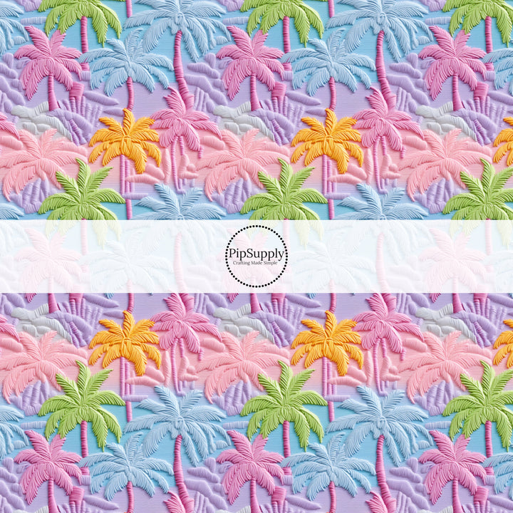 These tropical themed fabric by the yard features embroidered pastel tropical palm trees. This fun pattern fabric can be used for all your sewing and crafting needs!