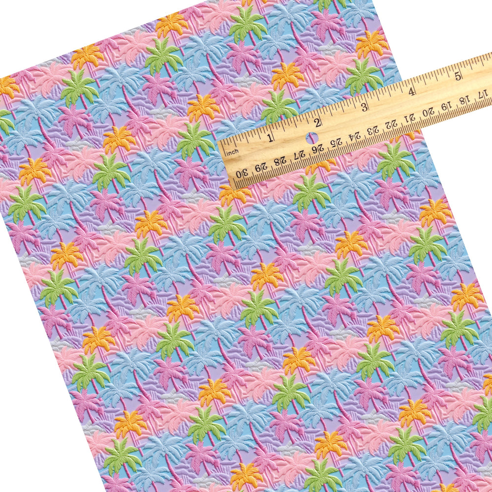 These tropical themed faux leather sheets contain the following design elements: embroidered pastel tropical palm trees. Our CPSIA compliant faux leather sheets or rolls can be used for all types of crafting projects.