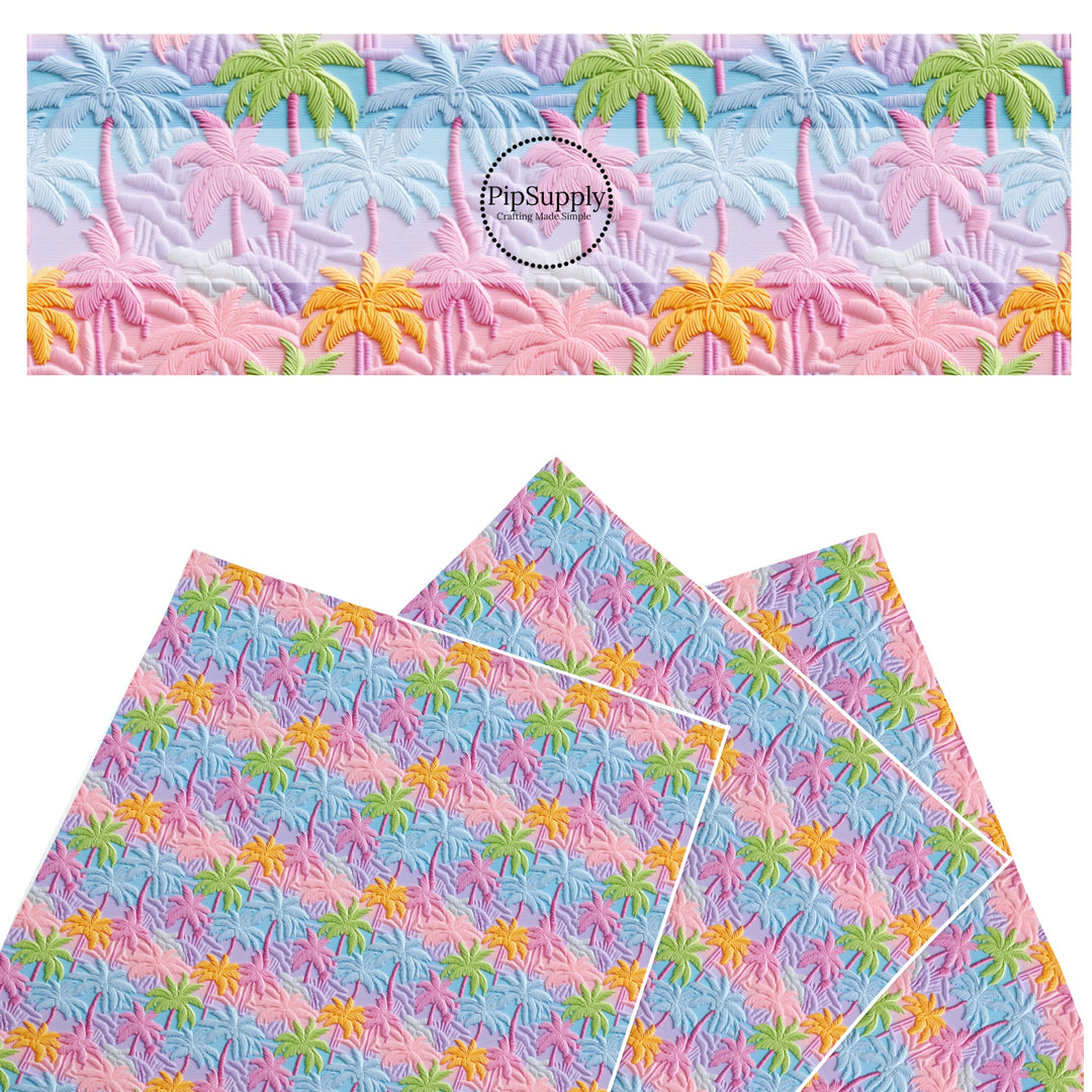 These tropical themed faux leather sheets contain the following design elements: embroidered pastel tropical palm trees. Our CPSIA compliant faux leather sheets or rolls can be used for all types of crafting projects.