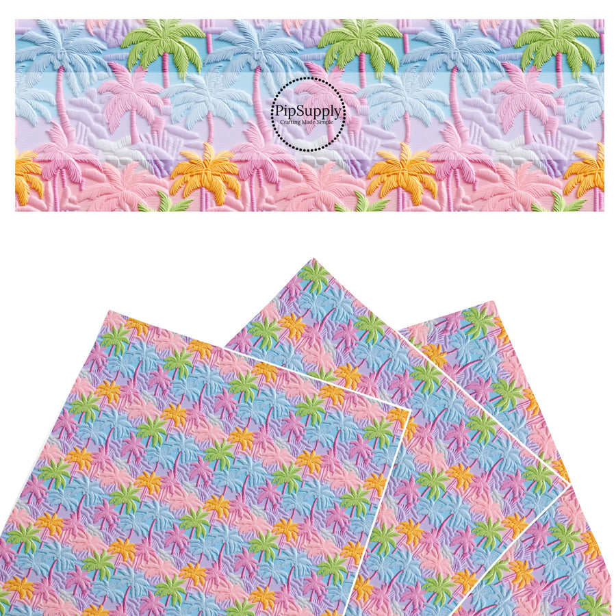 These tropical themed faux leather sheets contain the following design elements: embroidered pastel tropical palm trees. Our CPSIA compliant faux leather sheets or rolls can be used for all types of crafting projects.