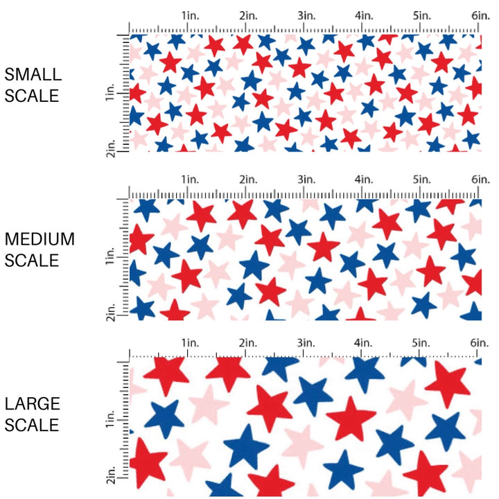 These patriotic fabric by the yard features blue, pink, and red stars. This fun pattern fabric can be used for all your sewing and crafting needs!
