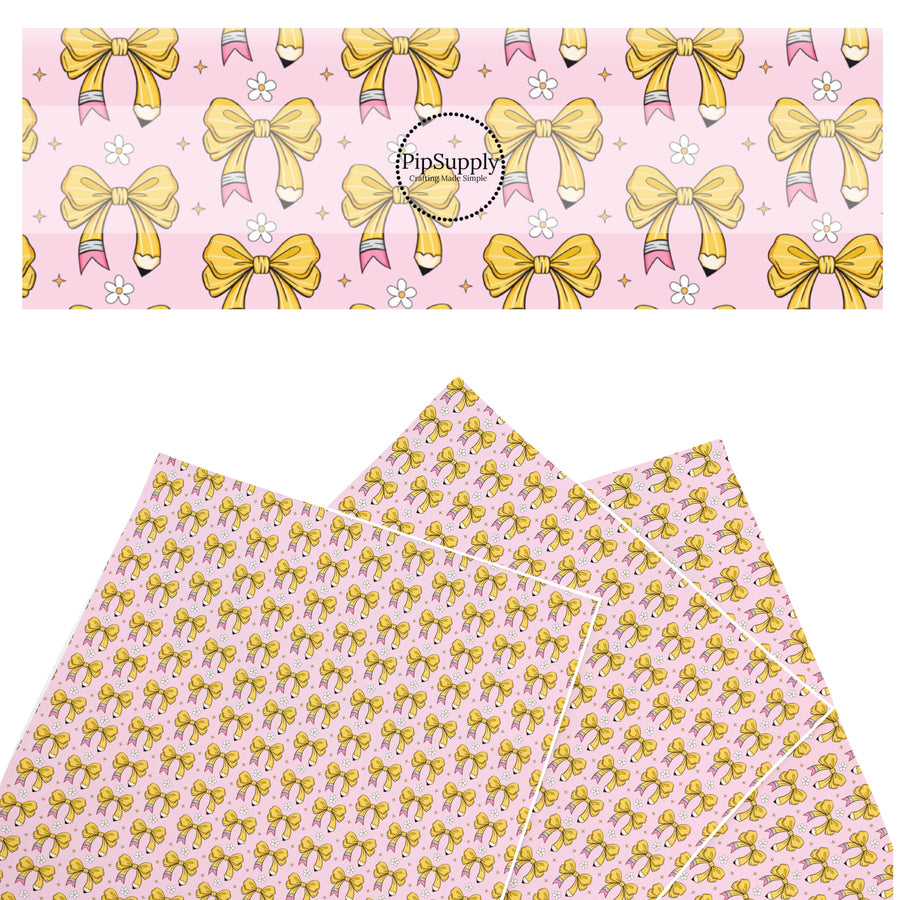These school themed faux leather sheets contain the following design elements: pink pencil bows pattern. Our CPSIA compliant faux leather sheets or rolls can be used for all types of crafting projects.