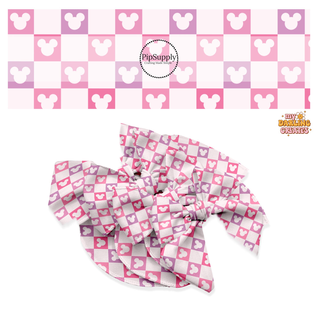 These Valentine's pattern no sew bow strips can be easily tied and attached to a clip for a finished hair bow. These Valentine's Day bow strips are great for personal use or to sell. The bow strips feature purple and pink mouse checkered pattern.