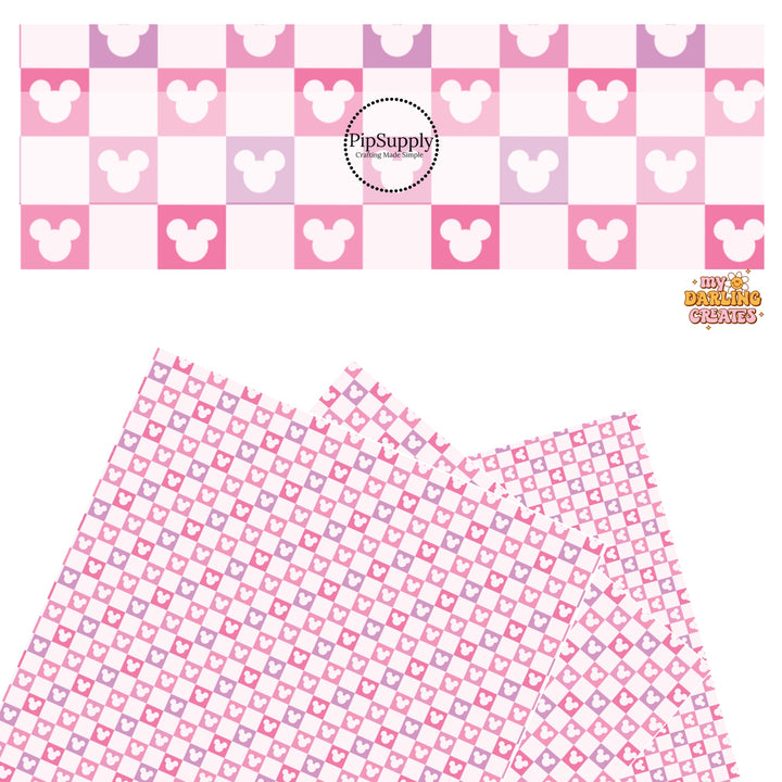 These Valentine's pattern themed faux leather sheets contain the following design elements: purple and pink mouse checkered pattern. Our CPSIA compliant faux leather sheets or rolls can be used for all types of crafting projects.