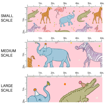 This scale chart of small scale, medium scale, and large scale of this celebration fabric by the yard features colorful animals with party hats on light pink. This fun themed fabric can be used for all your sewing and crafting needs!