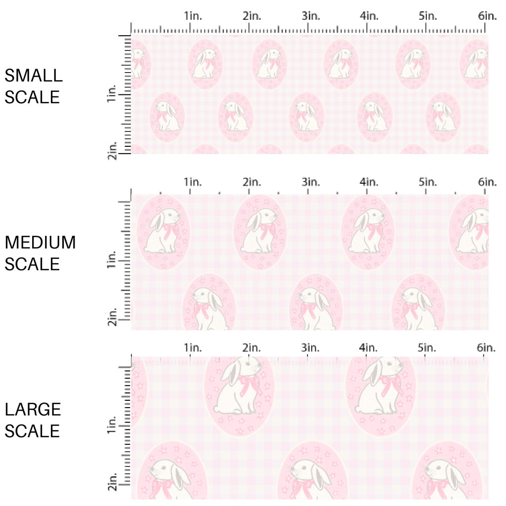 This Easter themed fabric by the yard features Easter bunnies in pink circles on a light pink plaid pattern. This fun pattern fabric can be used for all your sewing and crafting needs!