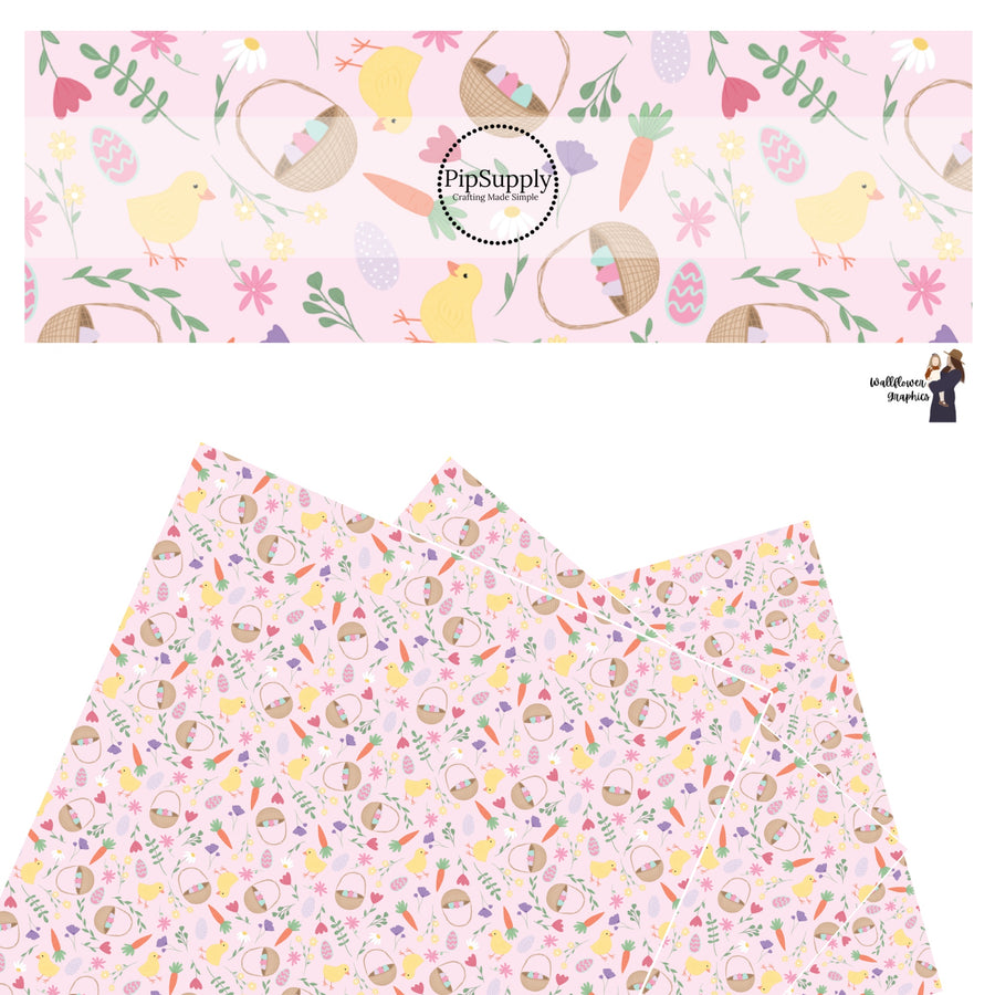 These Easter floral pattern themed faux leather sheets contain the following design elements: Easter baskets surrounded by flowers, carrots, eggs, and baby chicks on light pink. Our CPSIA compliant faux leather sheets or rolls can be used for all types of crafting projects.