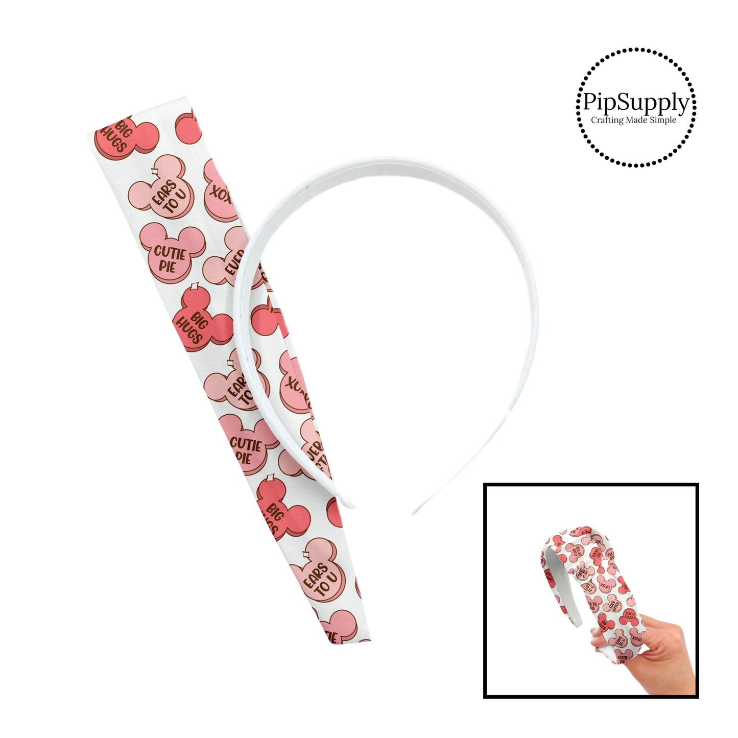 Valentine sayings on pink multi mouse ear candy on cream knotted headband kit