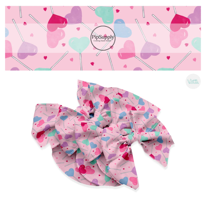 These Valentine's Day pattern no sew bow strips can be easily tied and attached to a clip for a finished hair bow. These Valentine's Day bow strips are great for personal use or to sell. The bow strips feature pastel colored lollipop candy on pink.