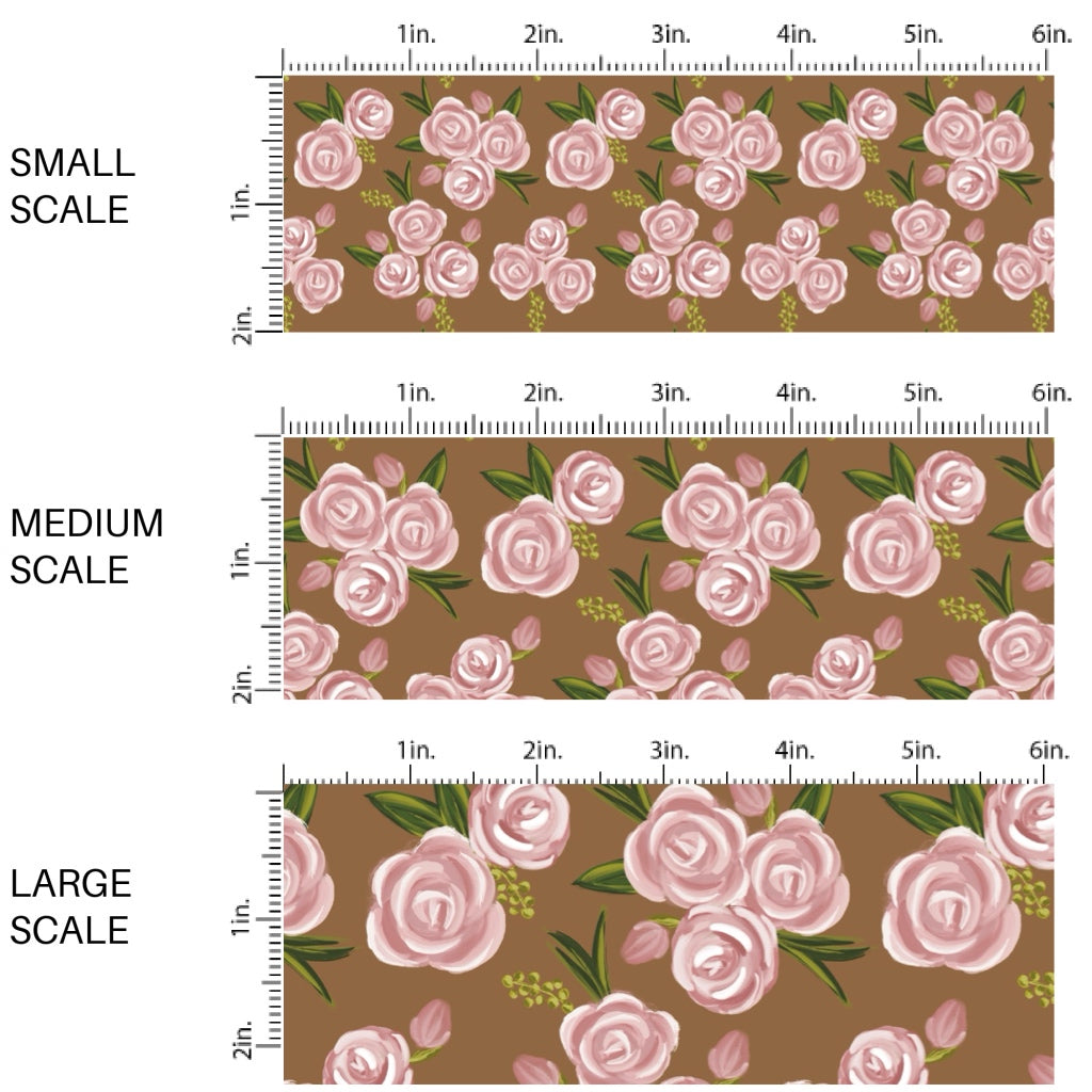These spring fabric by the yard features spring pink roses on brown. This fun pattern fabric can be used for all your sewing and crafting needs!