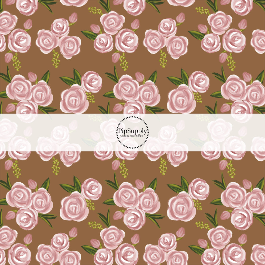 These spring fabric by the yard features spring pink roses on brown. This fun pattern fabric can be used for all your sewing and crafting needs!