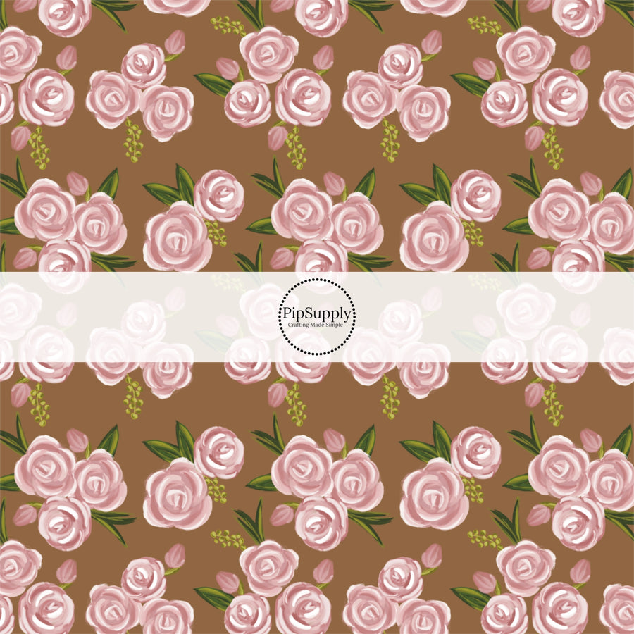 These spring fabric by the yard features spring pink roses on brown. This fun pattern fabric can be used for all your sewing and crafting needs!