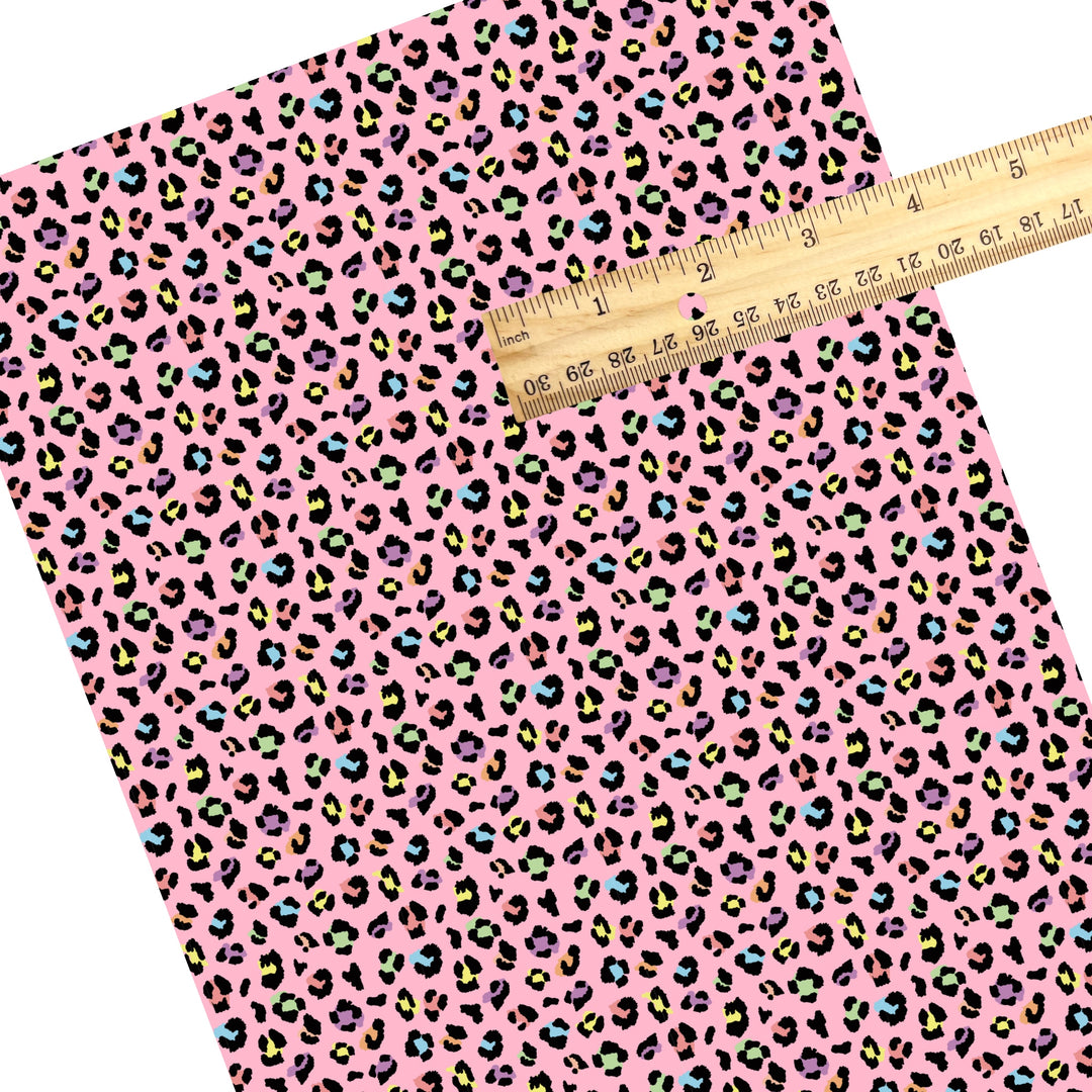 These leopard print themed faux leather sheets contain the following design elements: pink rainbow leopard pattern. Our CPSIA compliant faux leather sheets or rolls can be used for all types of crafting projects.