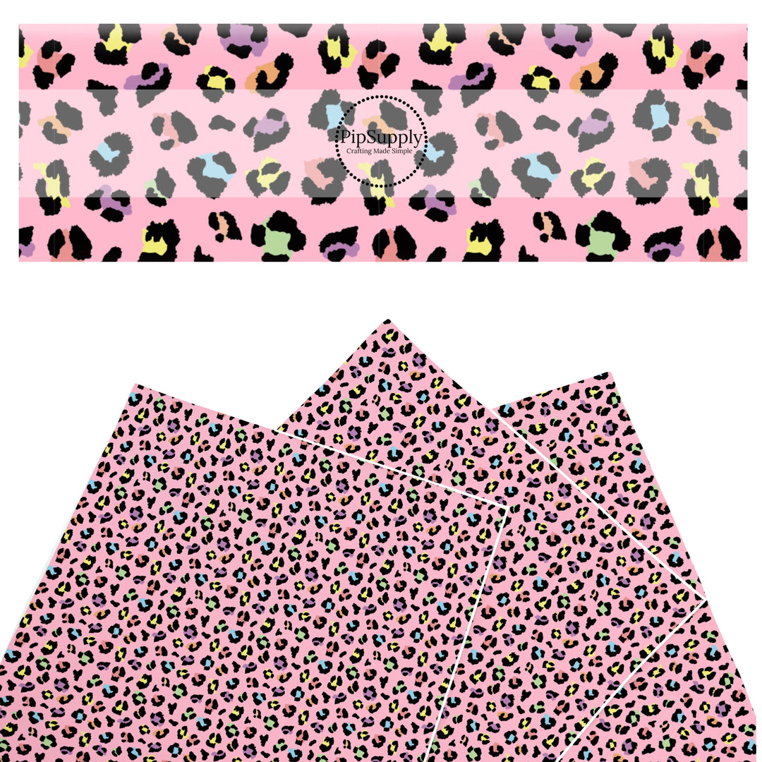 These leopard print themed faux leather sheets contain the following design elements: pink rainbow leopard pattern. Our CPSIA compliant faux leather sheets or rolls can be used for all types of crafting projects.