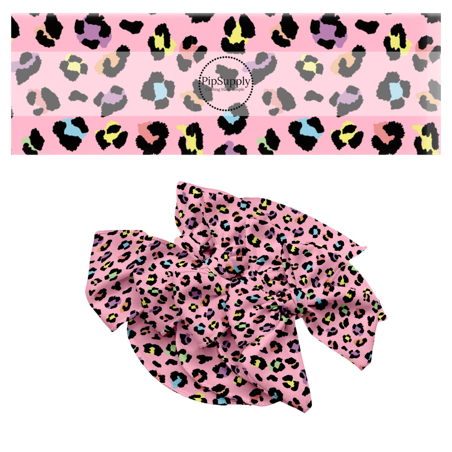 These leopard print themed no sew bow strips can be easily tied and attached to a clip for a finished hair bow. These bow strips are great for personal use or to sell. These bow strips feature the following design elements: pink rainbow leopard pattern.