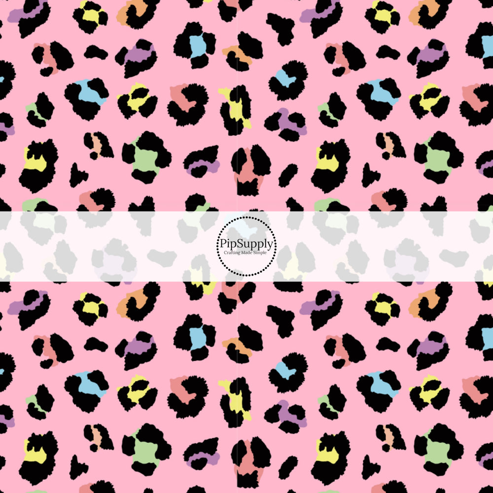 These leopard print themed no sew bow strips can be easily tied and attached to a clip for a finished hair bow. These bow strips are great for personal use or to sell. These bow strips feature the following design elements: pink rainbow leopard pattern.