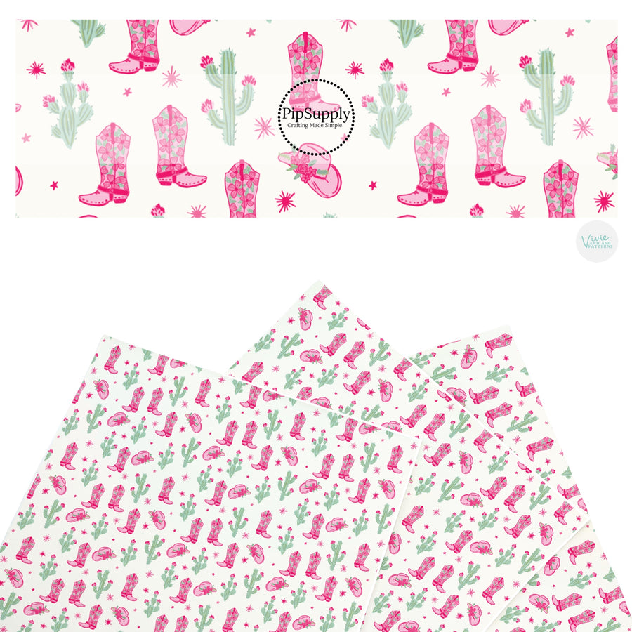 These summer faux leather sheets contain the following design elements: pink cowgirl hats and boots. Our CPSIA compliant faux leather sheets or rolls can be used for all types of crafting projects.