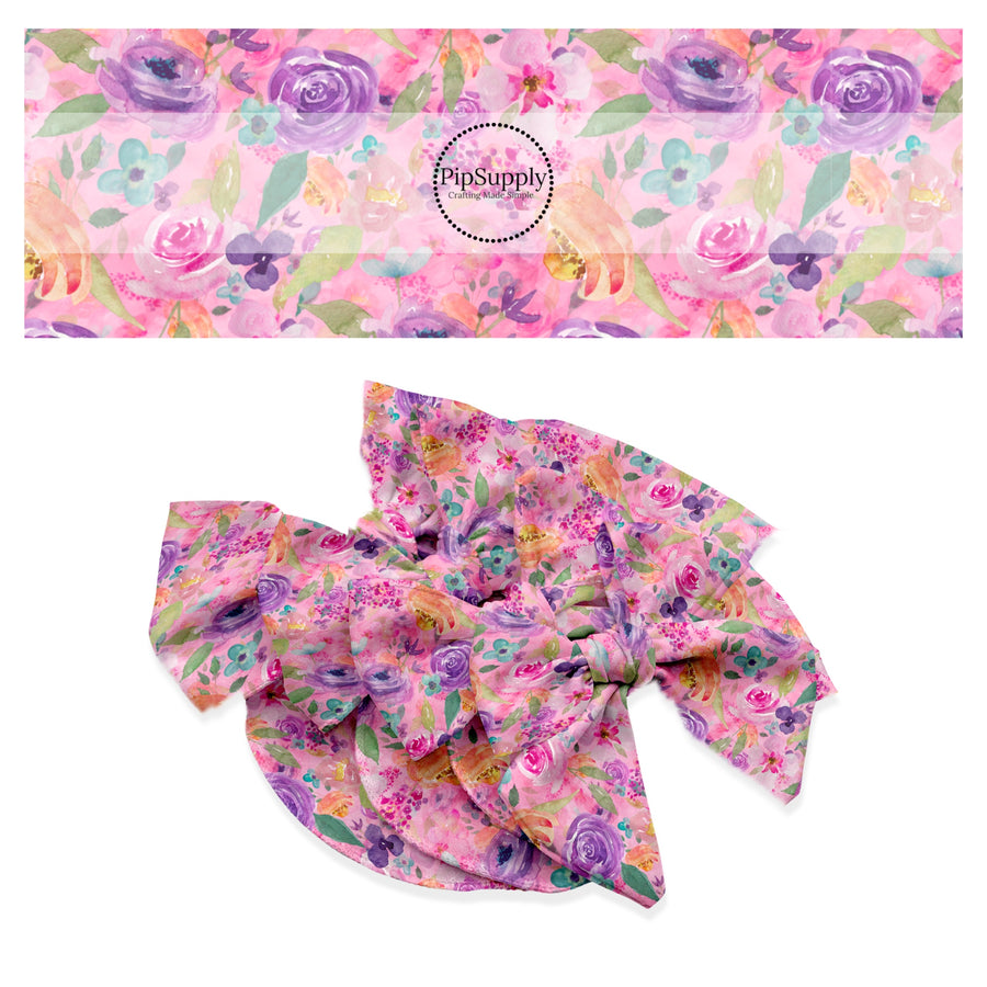 These spring floral pattern themed no sew bow strips can be easily tied and attached to a clip for a finished hair bow. These patterned bow strips are great for personal use or to sell. These bow strips features multi colored flowers on pink.
