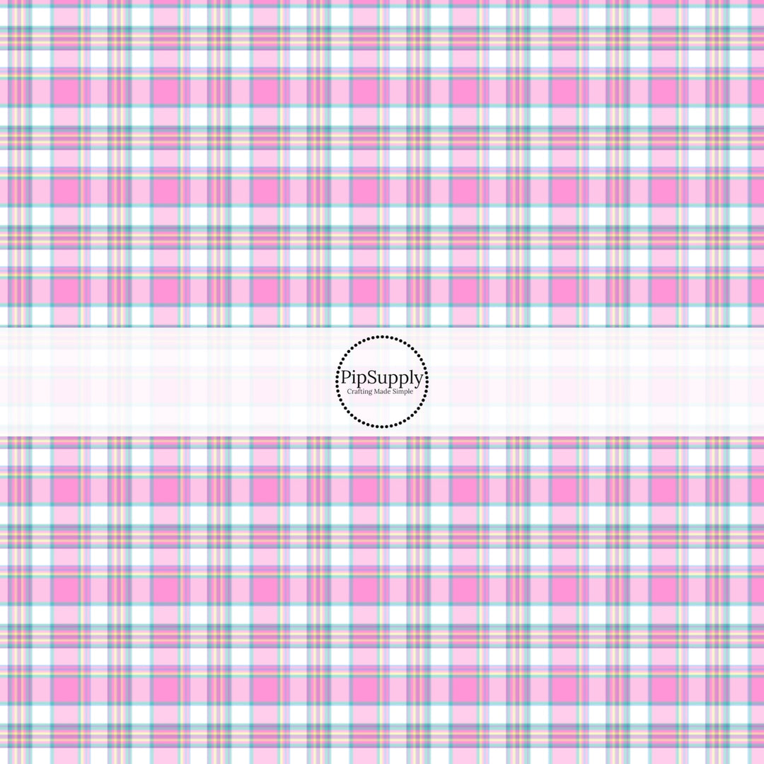 These spring themed no sew bow strips can be easily tied and attached to a clip for a finished hair bow. These festive bow strips are great for personal use or to sell. These bow strips feature the following design elements: pink spring tartan pattern.