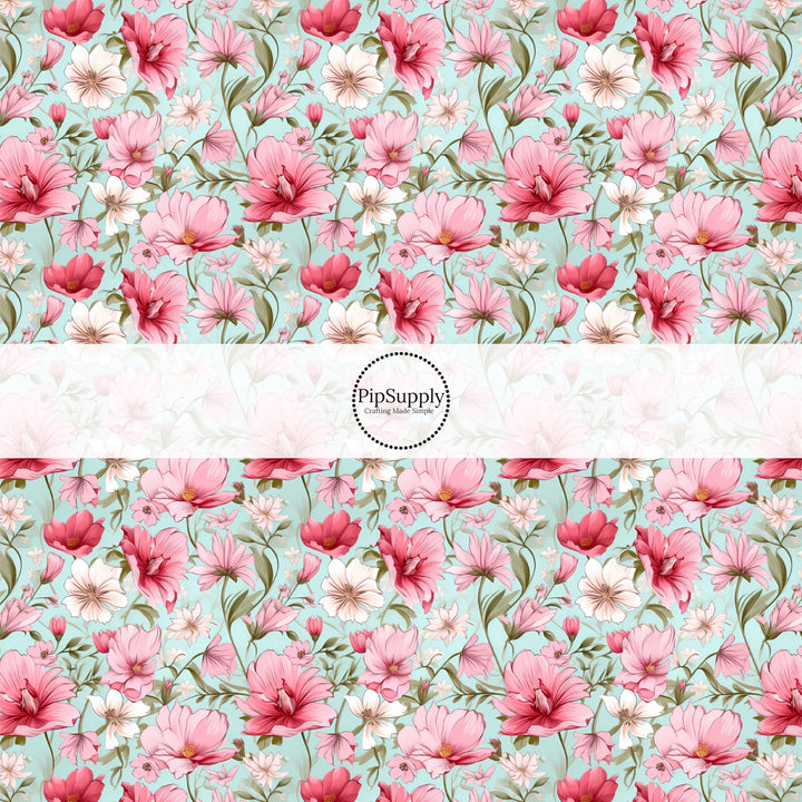 These floral themed no sew bow strips can be easily tied and attached to a clip for a finished hair bow. These festive bow strips are great for personal use or to sell. These bow strips feature the following design elements: pink and cream flowers on blue.