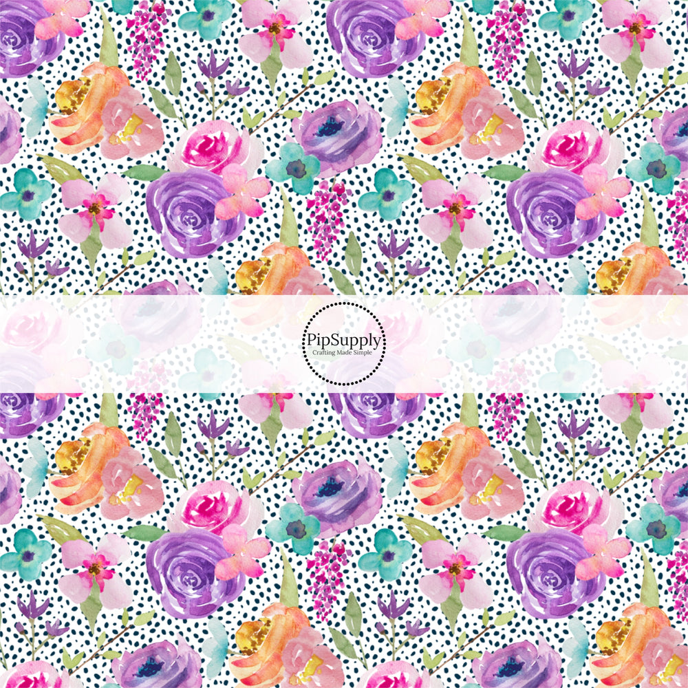 These spring floral pattern themed no sew bow strips can be easily tied and attached to a clip for a finished hair bow. These patterned bow strips are great for personal use or to sell. These bow strips features multi colored flowers surrounded by black polka dots on cream.