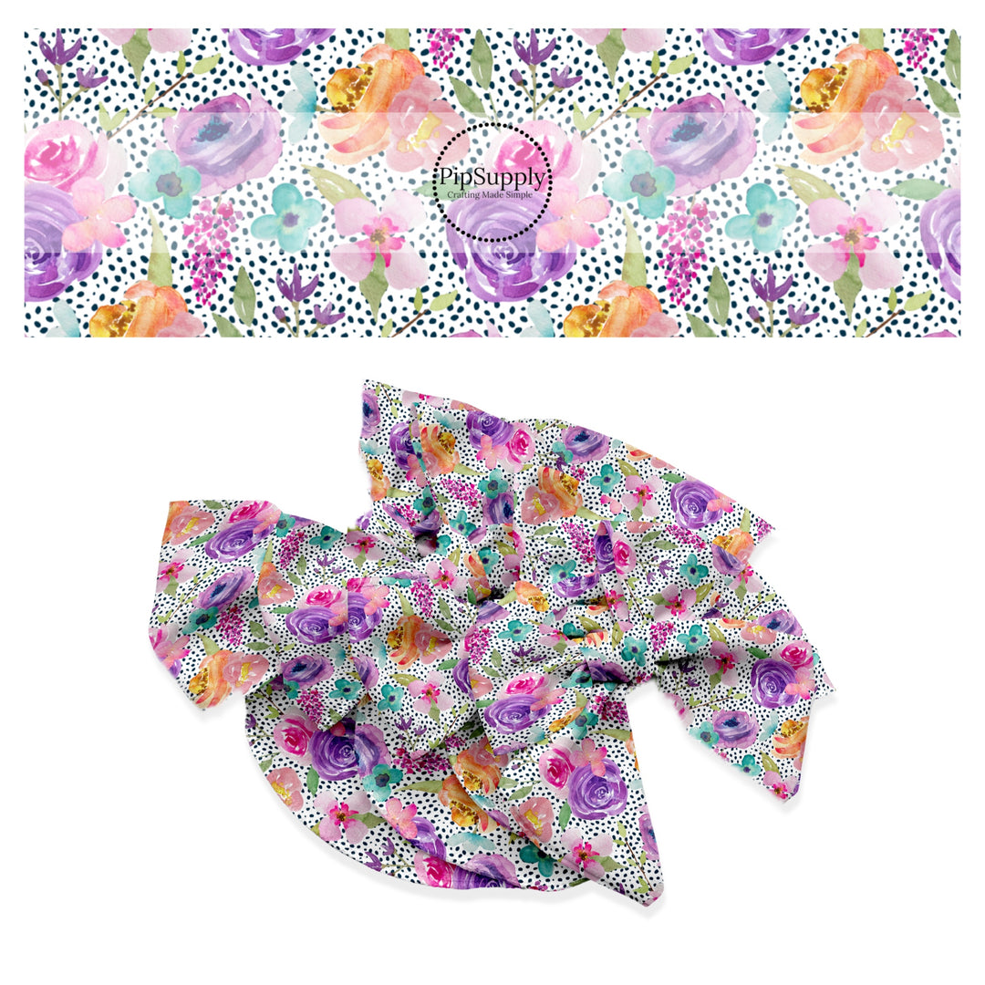 These spring floral pattern themed no sew bow strips can be easily tied and attached to a clip for a finished hair bow. These patterned bow strips are great for personal use or to sell. These bow strips features multi colored flowers surrounded by black polka dots on cream.