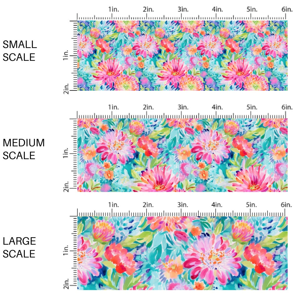 These floral themed fabric by the yard features tropical bright flowers. This fun pattern fabric can be used for all your sewing and crafting needs!