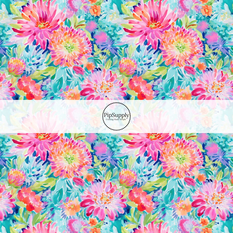 These floral themed fabric by the yard features tropical bright flowers. This fun pattern fabric can be used for all your sewing and crafting needs!