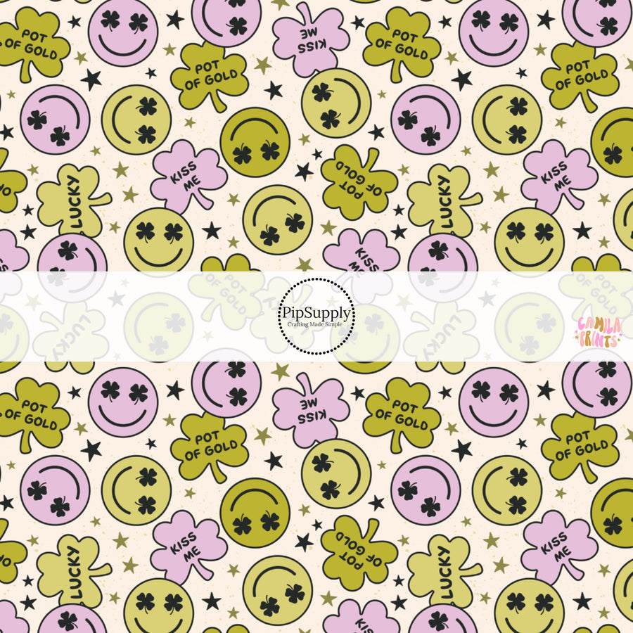 This holiday fabric by the yard features smiley faces and shamrocks. This festive pattern fabric can be used for all your sewing and crafting needs!