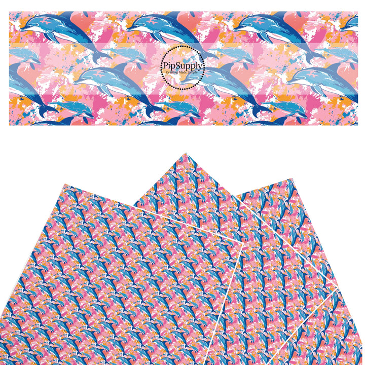 These beach themed faux leather sheets contain the following design elements: dolphins on pink. Our CPSIA compliant faux leather sheets or rolls can be used for all types of crafting projects.