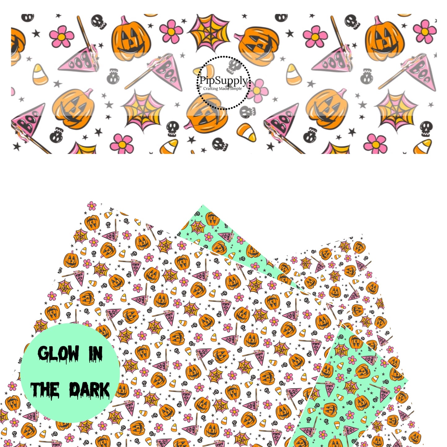 Pumpkins, boo flags, candy, skulls, flowers, webs, and stars on white faux leather sheets