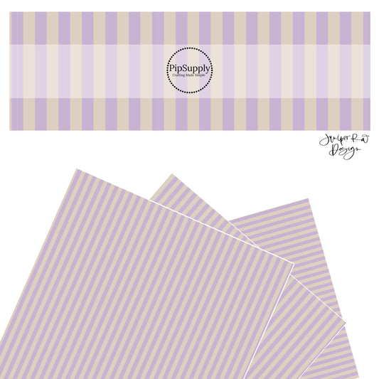 These spring stripes faux leather sheets contain the following design elements: purple and beige stripes. Our CPSIA compliant faux leather sheets or rolls can be used for all types of crafting projects. 