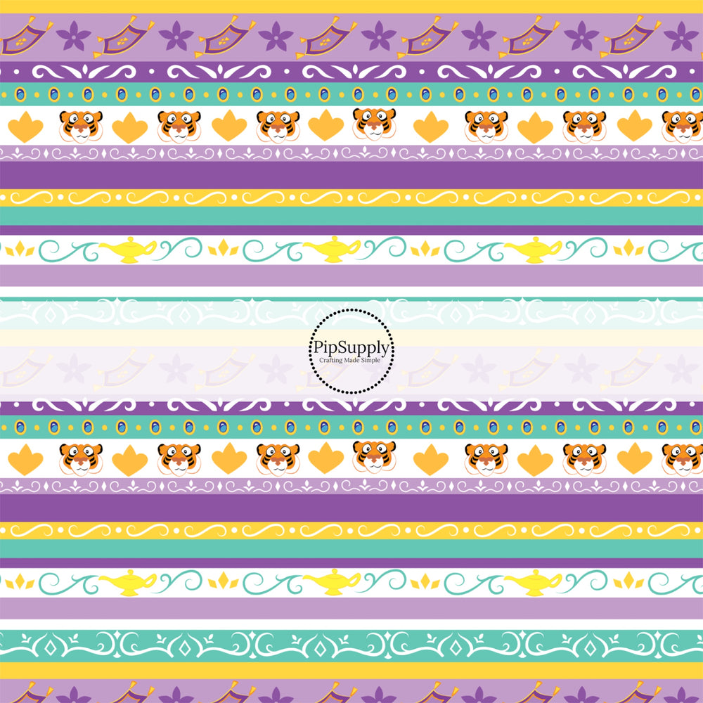 Flying rug and tigers on purple and green stripes hair bow strips