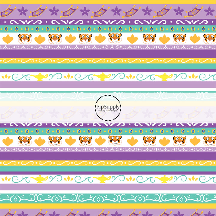 Flying rug and tigers on purple and green stripes hair bow strips