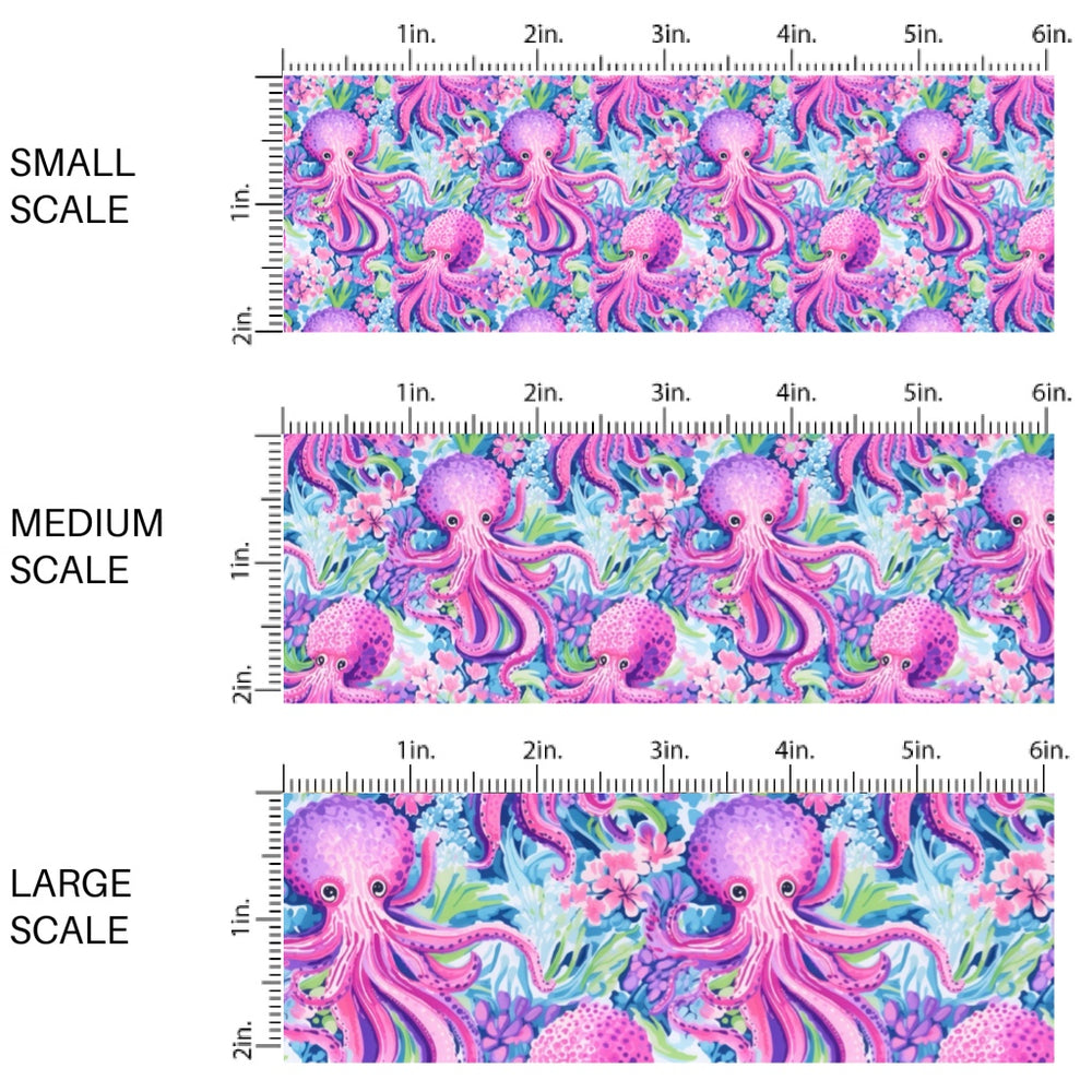 These tropical ocean themed fabric by the yard features purple octopus. This fun pattern fabric can be used for all your sewing and crafting needs!