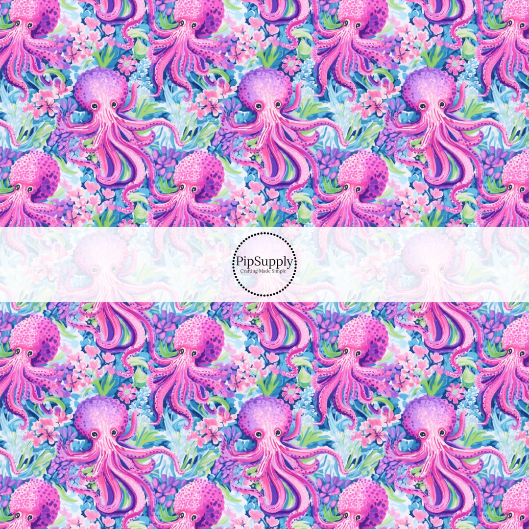 These tropical ocean themed fabric by the yard features purple octopus. This fun pattern fabric can be used for all your sewing and crafting needs!