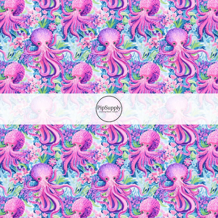 These tropical ocean themed fabric by the yard features purple octopus. This fun pattern fabric can be used for all your sewing and crafting needs!
