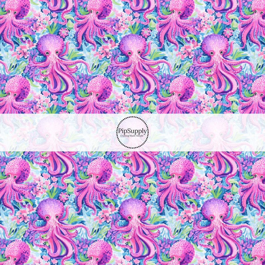 These tropical ocean themed fabric by the yard features purple octopus. This fun pattern fabric can be used for all your sewing and crafting needs!