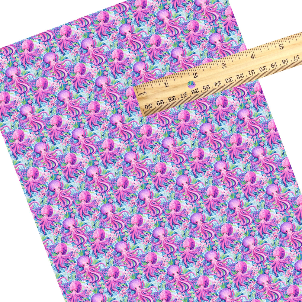 These tropical ocean themed faux leather sheets contain the following design elements: purple octopus. Our CPSIA compliant faux leather sheets or rolls can be used for all types of crafting projects.
