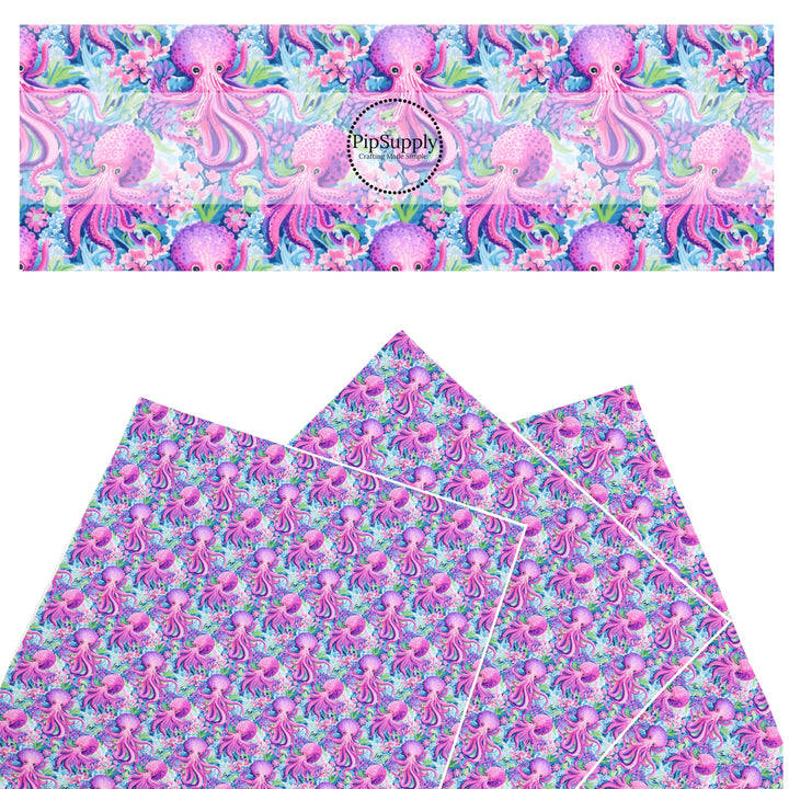 These tropical ocean themed faux leather sheets contain the following design elements: purple octopus. Our CPSIA compliant faux leather sheets or rolls can be used for all types of crafting projects.