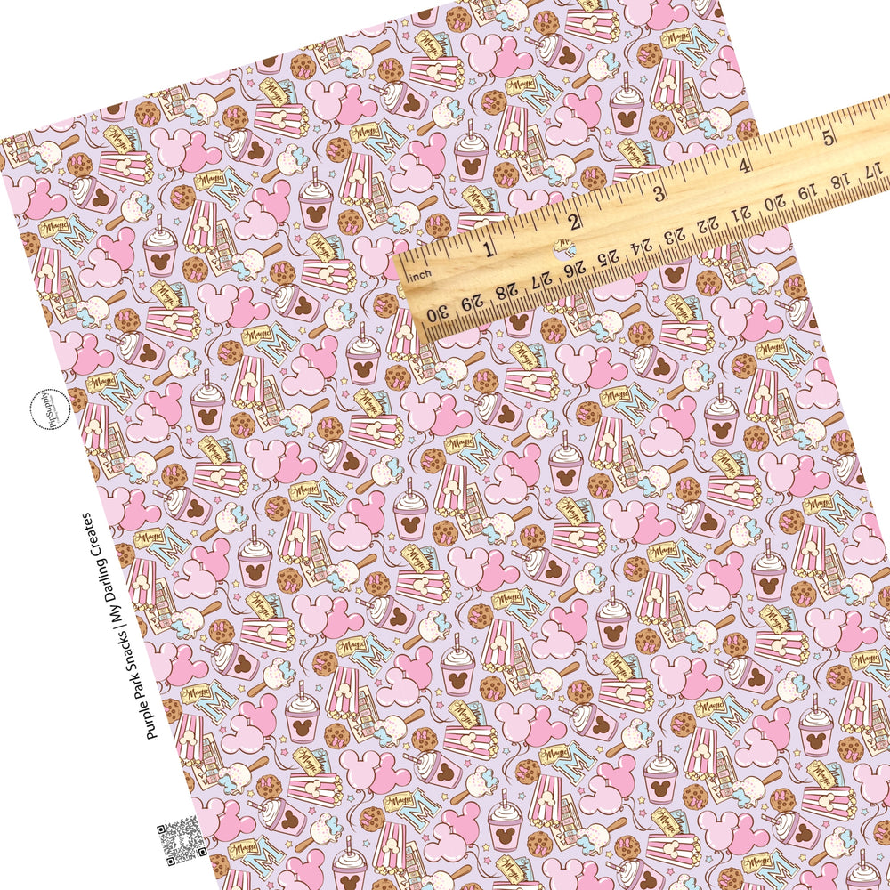 This magical adventure inspired faux leather sheets contain the following design: treats, popcorn, drinks, and mouse ears on light purple. Our CPSIA compliant faux leather sheets or rolls can be used for all types of crafting projects.