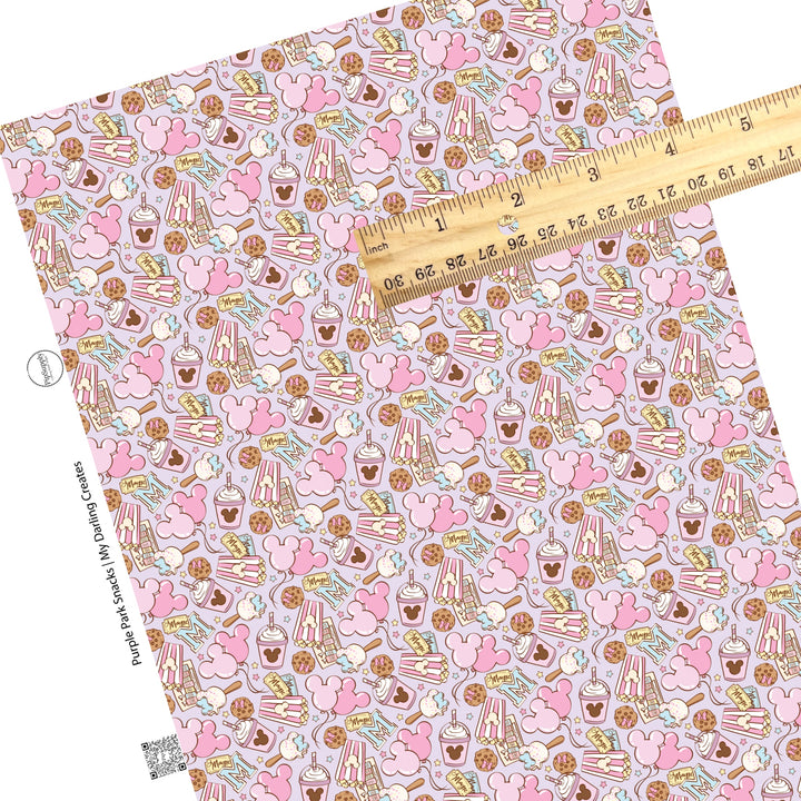 This magical adventure inspired faux leather sheets contain the following design: treats, popcorn, drinks, and mouse ears on light purple. Our CPSIA compliant faux leather sheets or rolls can be used for all types of crafting projects.