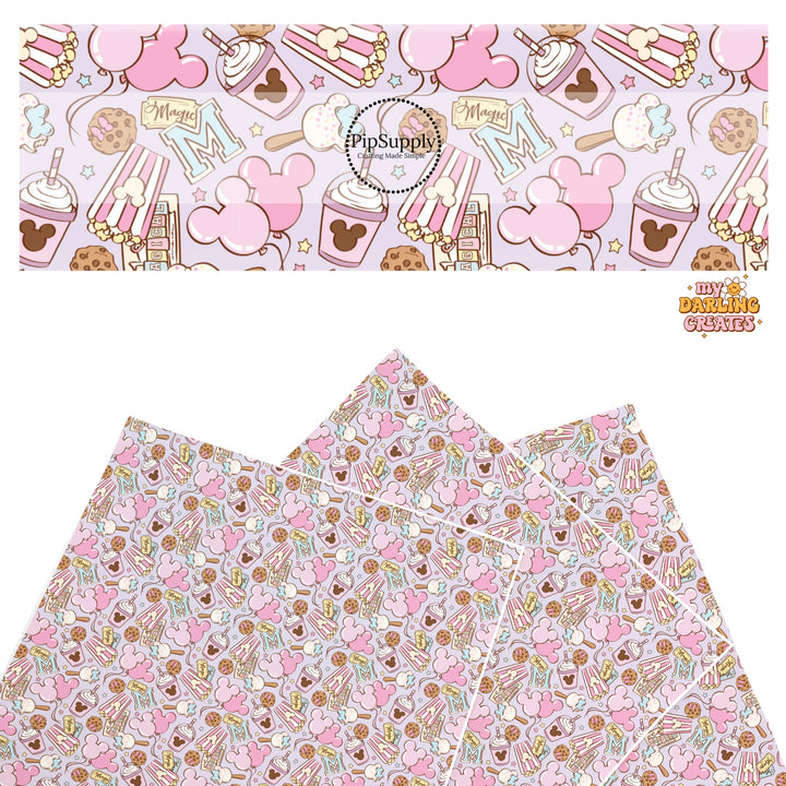 This magical adventure inspired faux leather sheets contain the following design: treats, popcorn, drinks, and mouse ears on light purple. Our CPSIA compliant faux leather sheets or rolls can be used for all types of crafting projects.