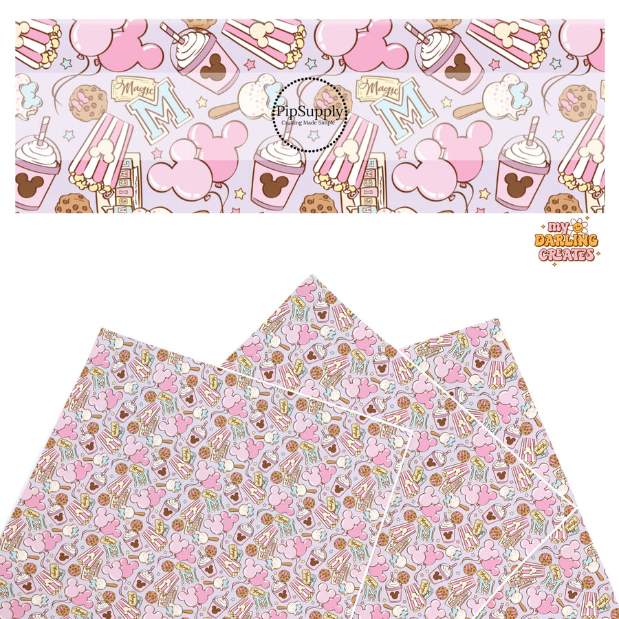 This magical adventure inspired faux leather sheets contain the following design: treats, popcorn, drinks, and mouse ears on light purple. Our CPSIA compliant faux leather sheets or rolls can be used for all types of crafting projects.