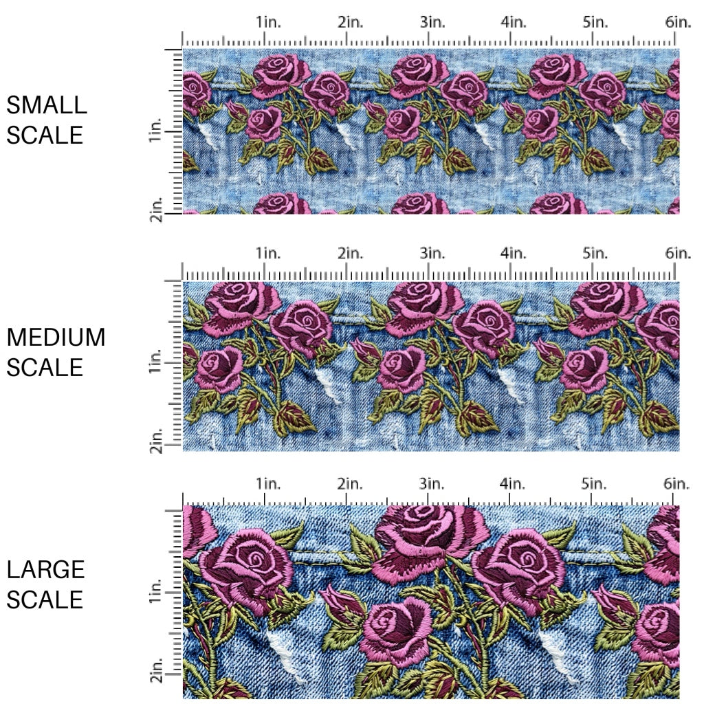 These spring fabric by the yard features embroidered rose flowers on denim pattern. This fun pattern fabric can be used for all your sewing and crafting needs!