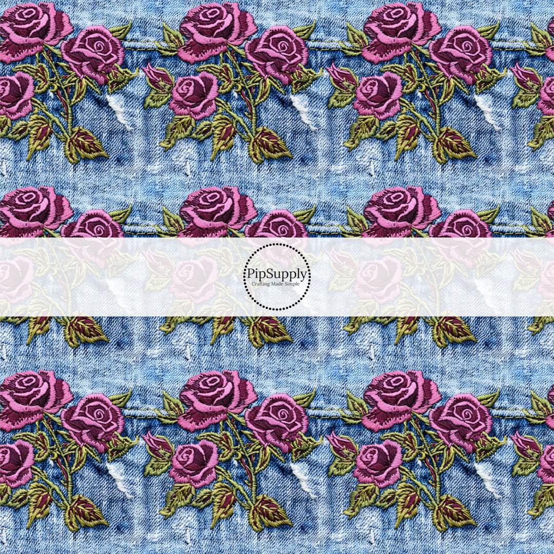 These spring fabric by the yard features embroidered rose flowers on denim pattern. This fun pattern fabric can be used for all your sewing and crafting needs!